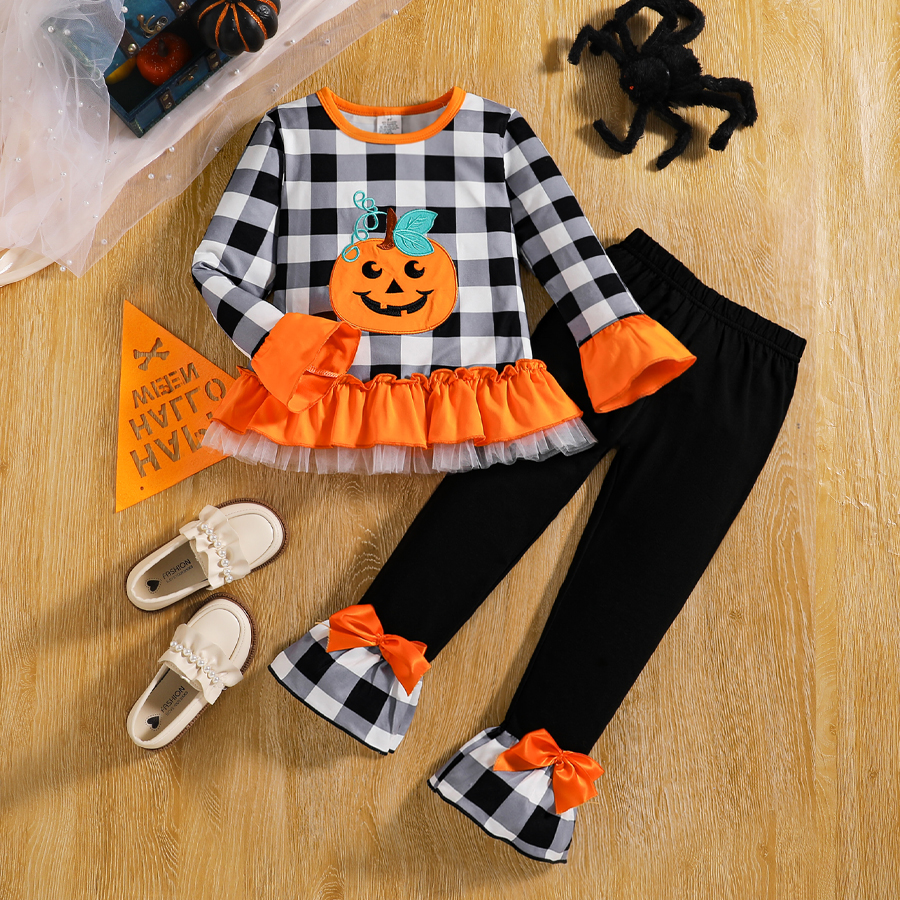 Toddler Girl 2pcs Halloween Outfit: Plaid Pumpkin Top with Ruffle Hem & Bow - Trimmed Leggings Set-KJ1X4360A