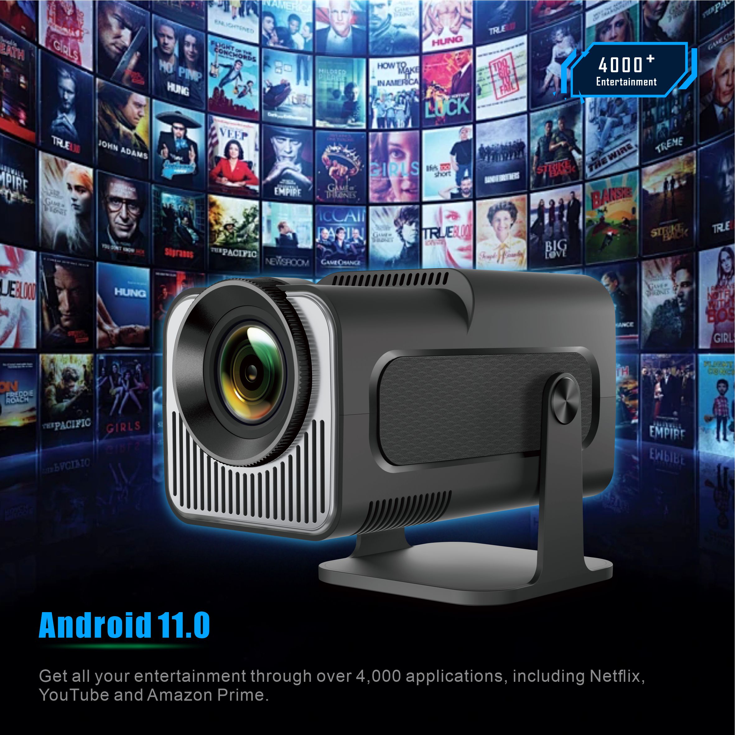 2025 Portable Projector 200 ANSI 1280*720P BT 5.0 Android 11.0 With 2.4/5G WiFi6 8GB Round Design Movie Projector 30"- 150" Screen, 180° Fli