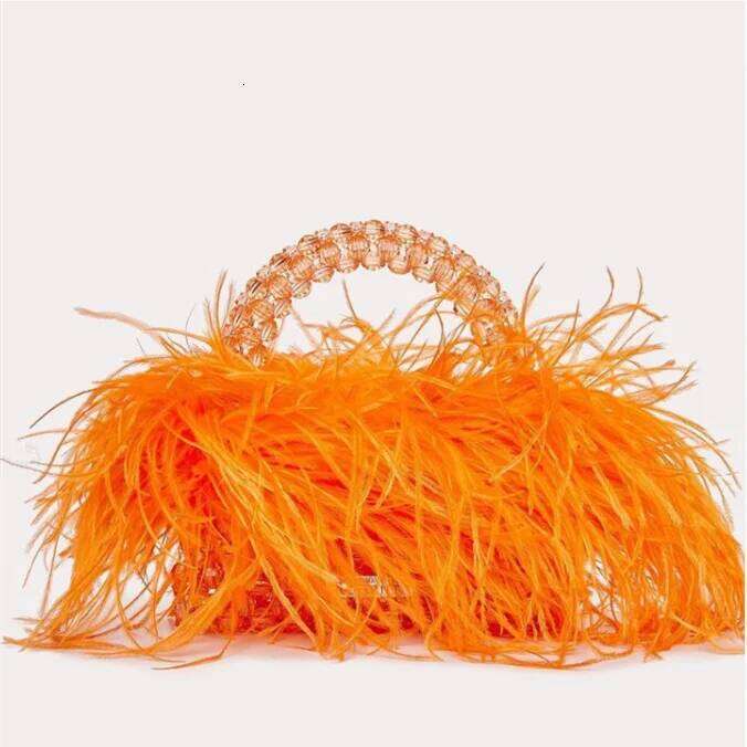 Designer Luxury Pearl Beaded Evening Bag Ostrich Feather Fur Clear Acrylic Crystal Stone Box Tote Handbag Women Handmade Party Purse