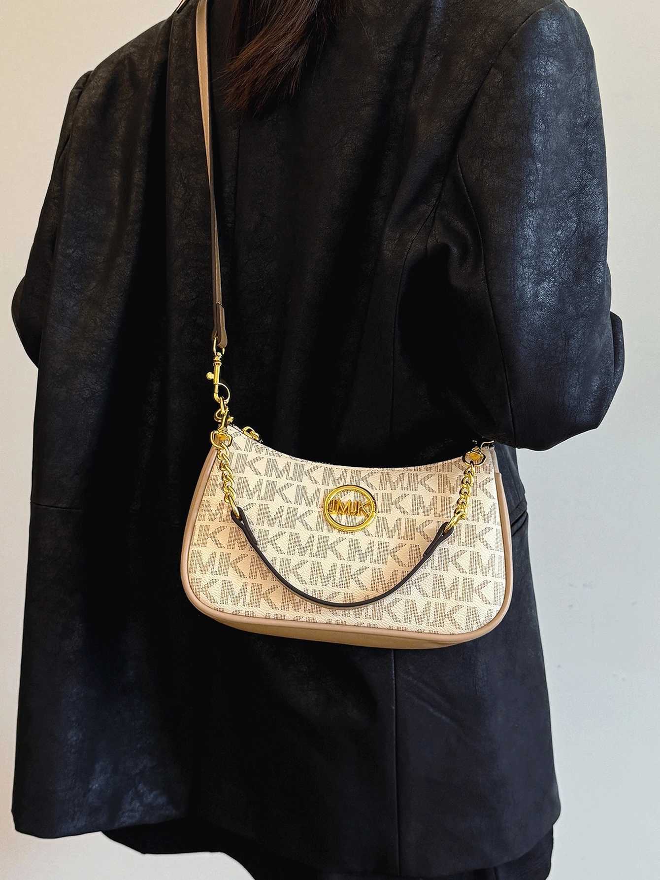 Leather Crescent Moon Shoulder Bag with Gold Chain Adjustable Crossbody Vintage Geometric Print Embossed Design Cream White Milk H260423