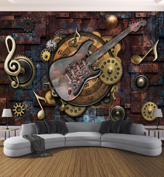 Custom Po Wallpaper For Walls 3D Retro Guitar Musical Notes Bar KTV Restaurant Cafe Background Wall Paper Mural Wall Art 3D6350075