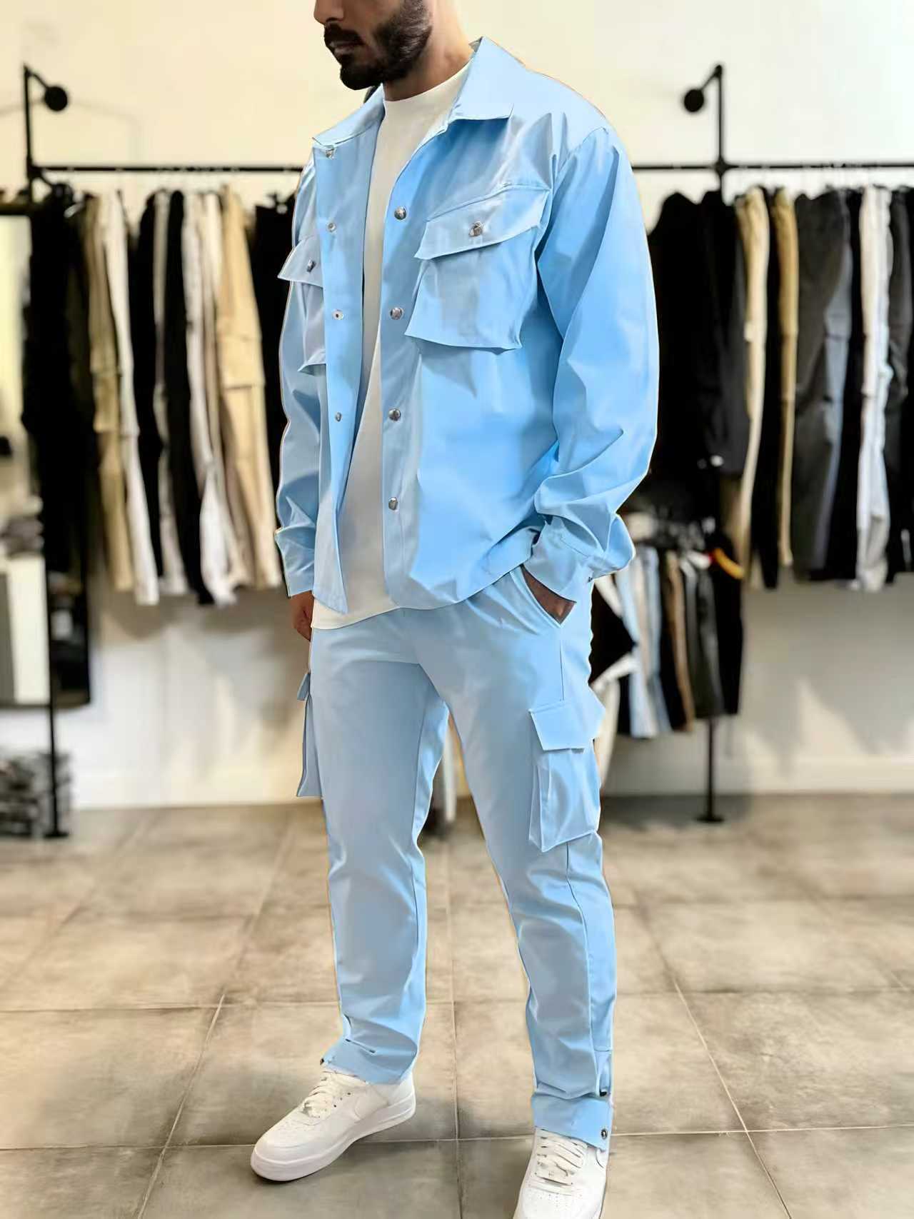 New Designer Set European style Mens Clothing Spring And Autumn Leisure Sports Multi-pocket Cargo Jacket Trousers Two piece Set plus size sweatsuit