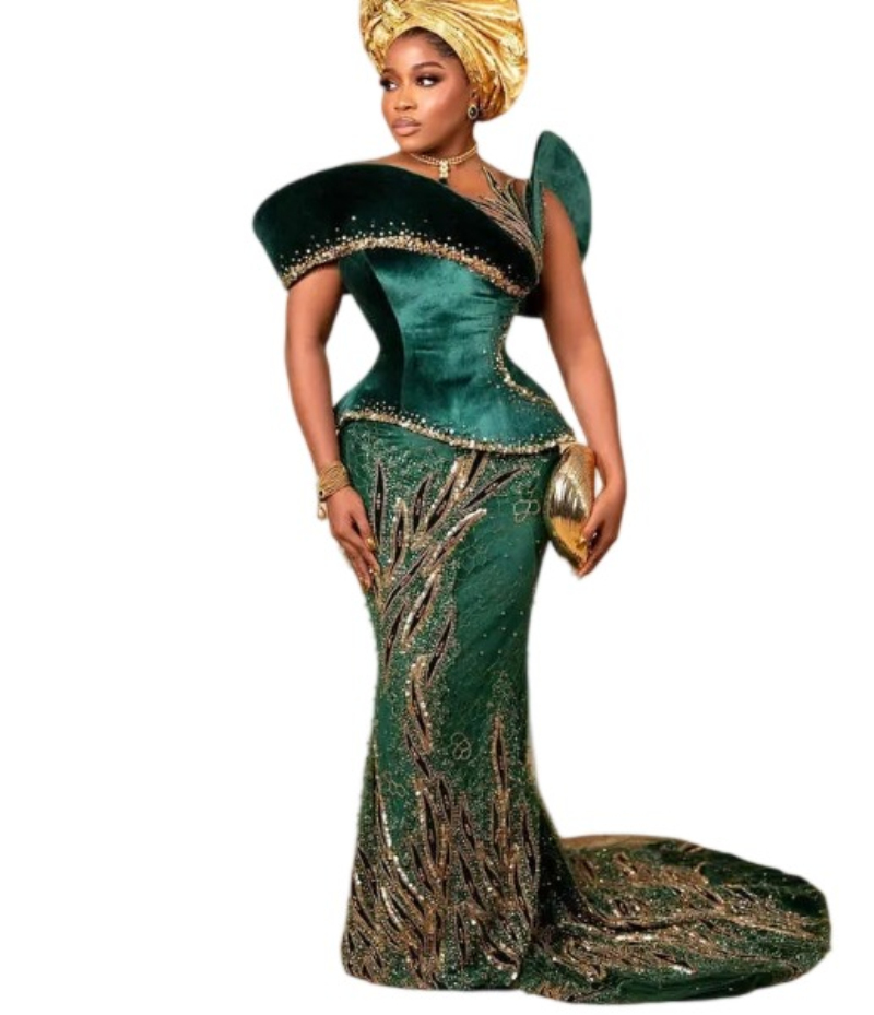 Aso Ebi Dark Green Mermaid Prom Dress Beaded Sequined Lace Veet Evening Formal Party Second Reception Birthday Engagement Gowns Dresses Robe De Soiree