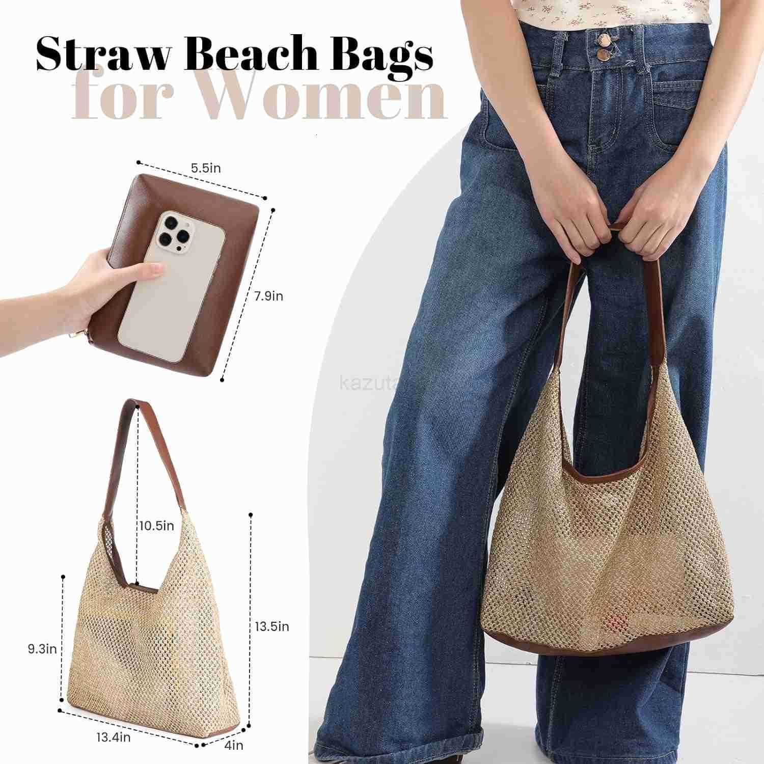 Straw Beach Bags for Women Beach Bags for Women Mesh Tote Bag Leather Hobo Purse with Pouch for Vacation Travel Essentials Z250922