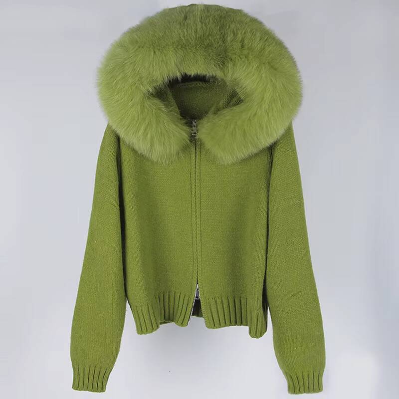 Wholesale Soft Winter Luxury Big Fur Trim Hood Womens Cardigan Sweater