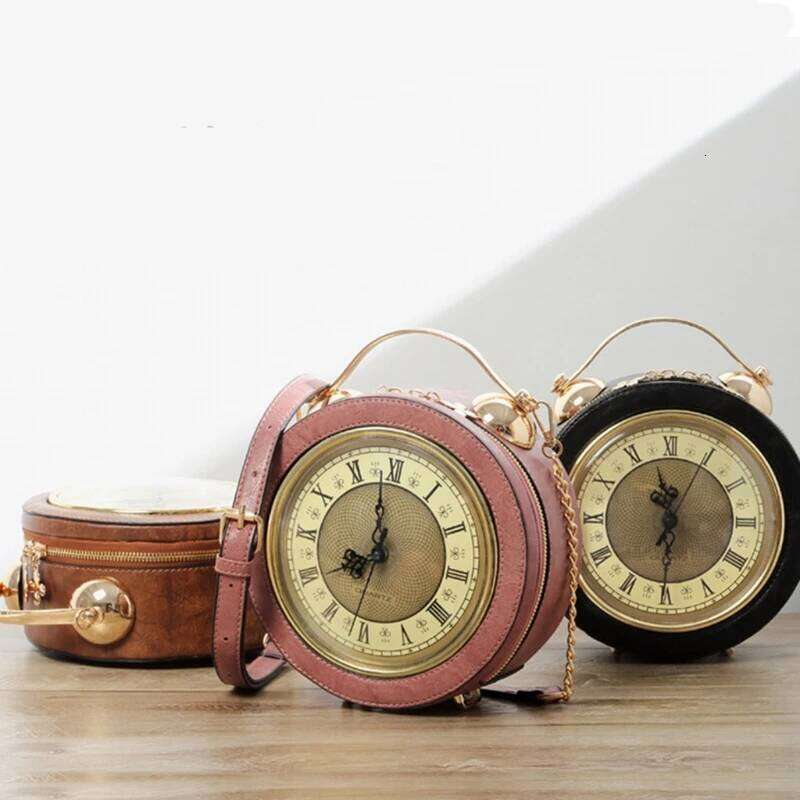 Designer Luxury Fashion PU Leather Women Lady Vintage Clock Round Handbag Crossbody Shoulder Bag Chain Purse