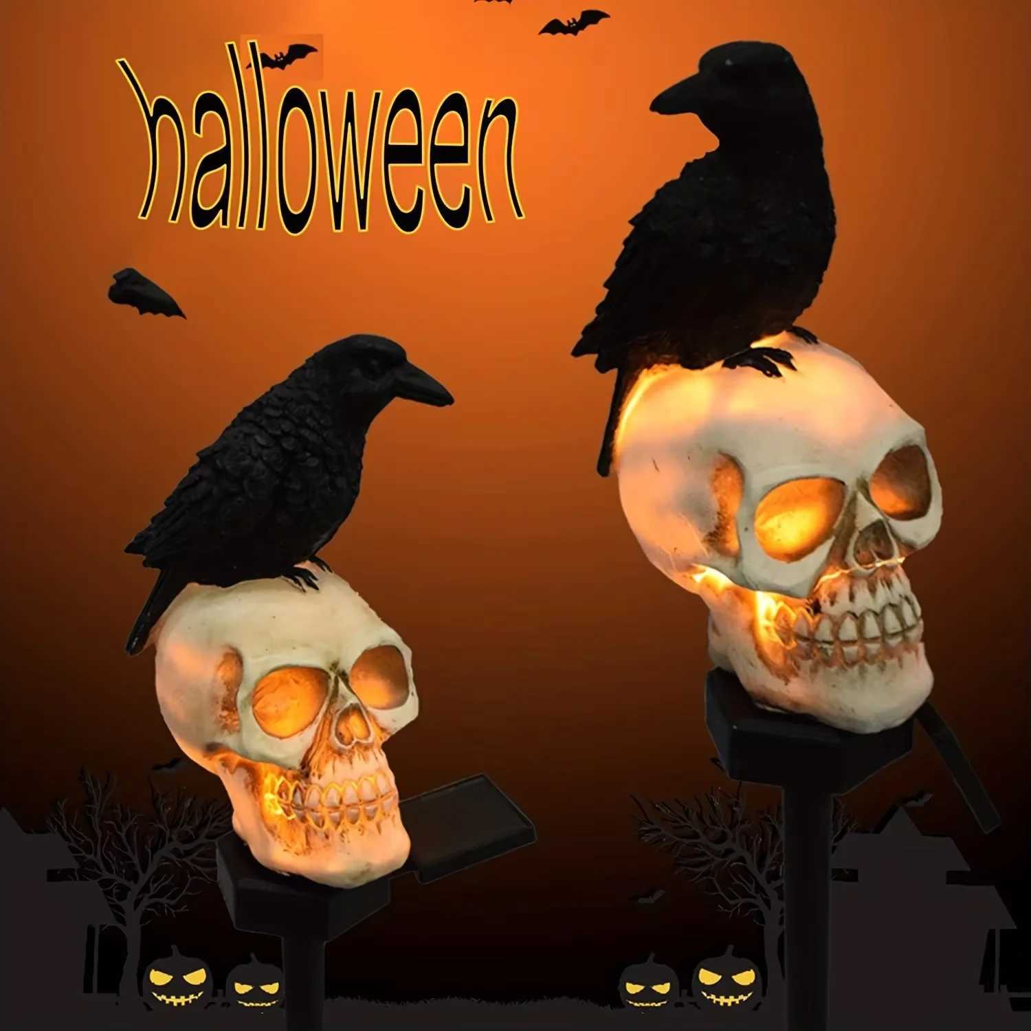 New Solar Resin Halloween Crow Skull Light Outdoor Waterproof LED Light Balcony Holiday Lawn Lamp Garden Decor Decorative C250922