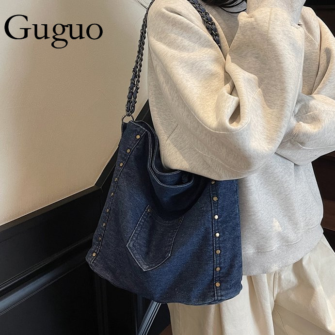 Guguo Designer Bag 2025 New Cross-border Exclusive Rivet Denim Single Shoulder Bag For Women Chain Crossbody Bag Women's Foreign Luxury Bag Trade
