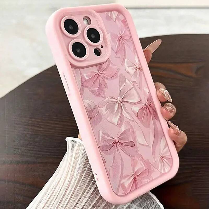 Pink Bow Pattern Silicone Phone Case For iPhone 16 17 15 14 13 12 11 Pro Max 16E X XS XR 7 8 Plus Butterfly Charm Cover