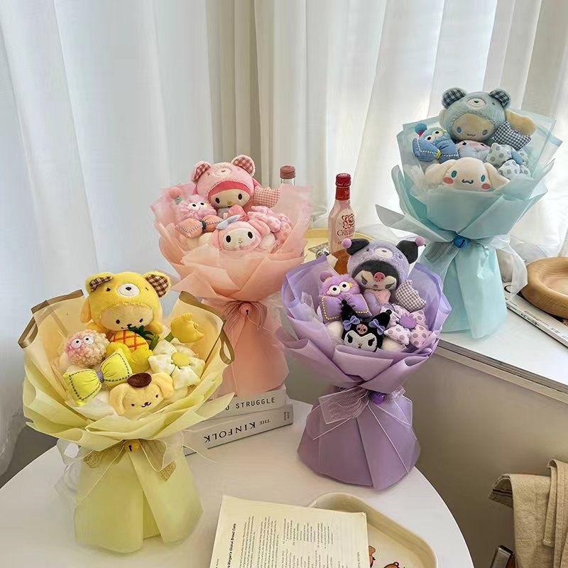 Hello Kitty Kuromi Plush Bouquet Sanrio My Melody Cinnamoroll Stuffed Plush Doll Valentines Day Christmas Birthday Giftsw250526