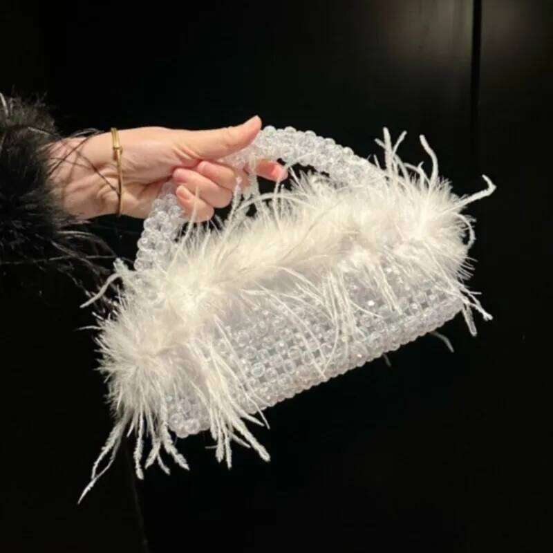 Designer Luxury Box Shape Pearl Handbag Ostrich Feather Fur Evening Bead Mobile Phone Crossbody Hollow Out Underarm Bag