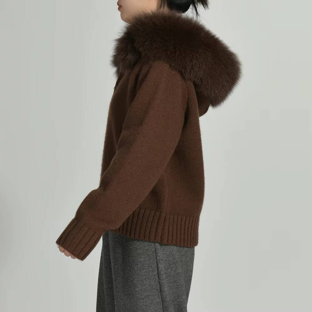 Fluffy Real Fox Fur Collar Hooded Custom Winter Wholesale Soft Knitted Cardigan Zipper Solid Color Women Sweaters Fashionable