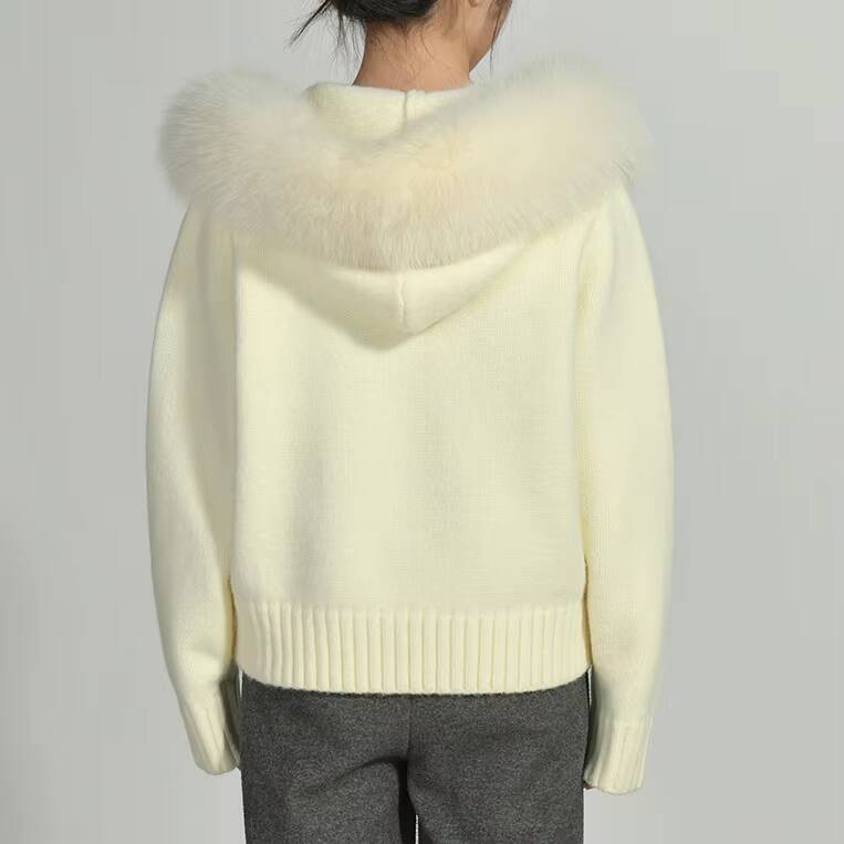 Fluffy Real Fox Fur Collar Hooded Custom Winter Wholesale Soft Knitted Cardigan Zipper Solid Color Women Sweaters Fashionable