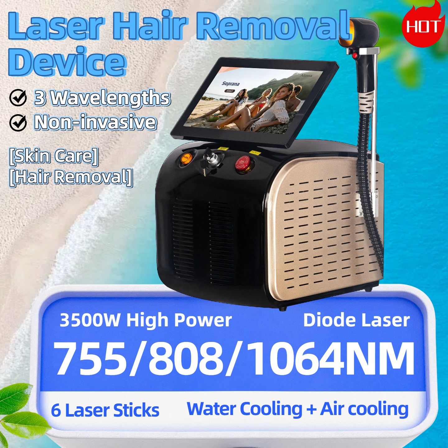 808 Diode Laser Hair Removal Machine Three Wavelength 808nm 755nm 1064nm Painless Permanent Hair Removal Portable Skin-smoothing Two-in-One