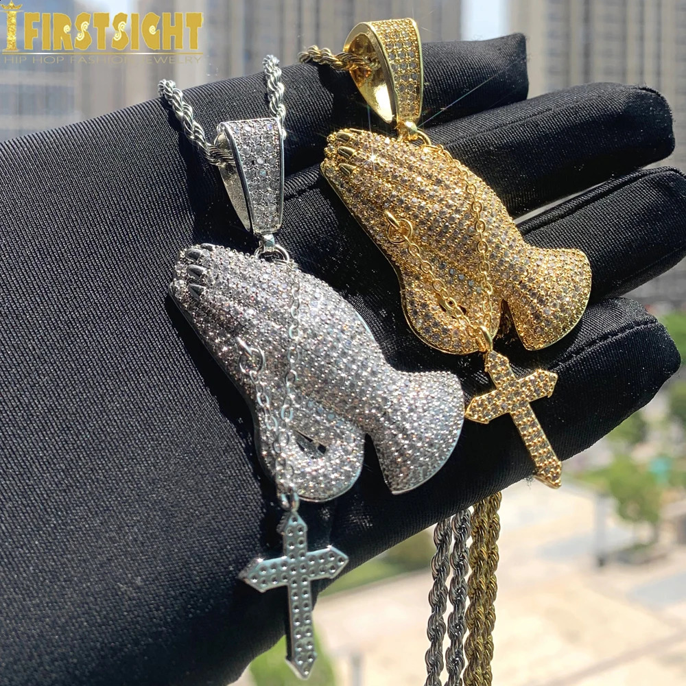Iced Out Devout Hands Praying Cross Pendant Necklace for Men Prong Setting Cubic Zirconia Letter God Fidence Hip Hop Jewelry 250920