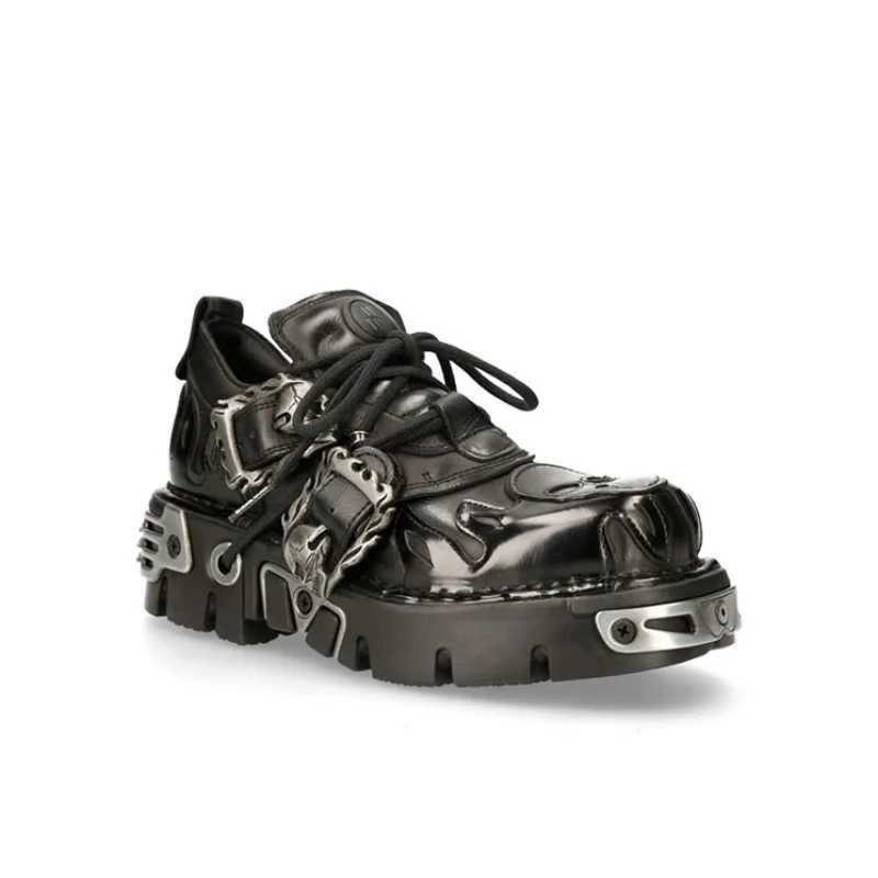 Limited Release Dark Punk Style Black Leather Shoes with Chunky Soles and Metal Embellishments W250922