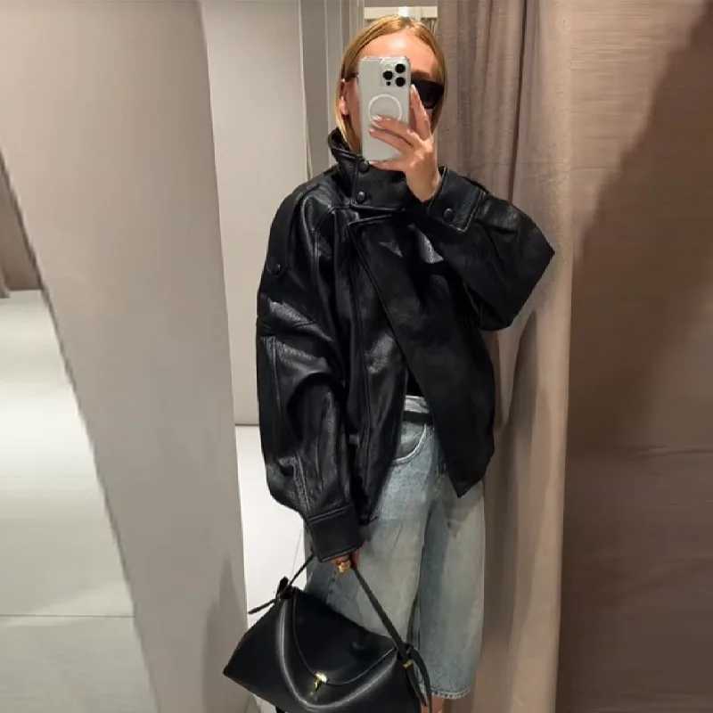 Stylish Pu Leather Jacket Standcollar Loose Long Slved Coat Cool Casual Chic Versatile Outerwear New Autumn Women Strtwear L250921IMFL