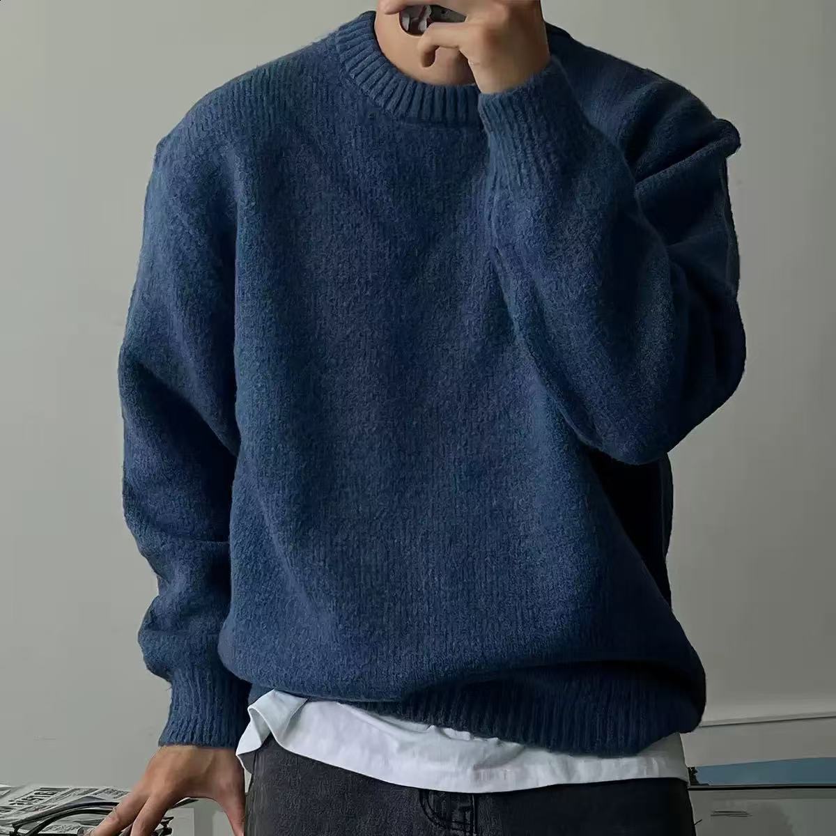 Solid Warm Half Turtleneck Sweater For Male Trendy Long Sleeve Thicken Cashmere Knitted Pullover Autumn Street Knit Jumper 240821