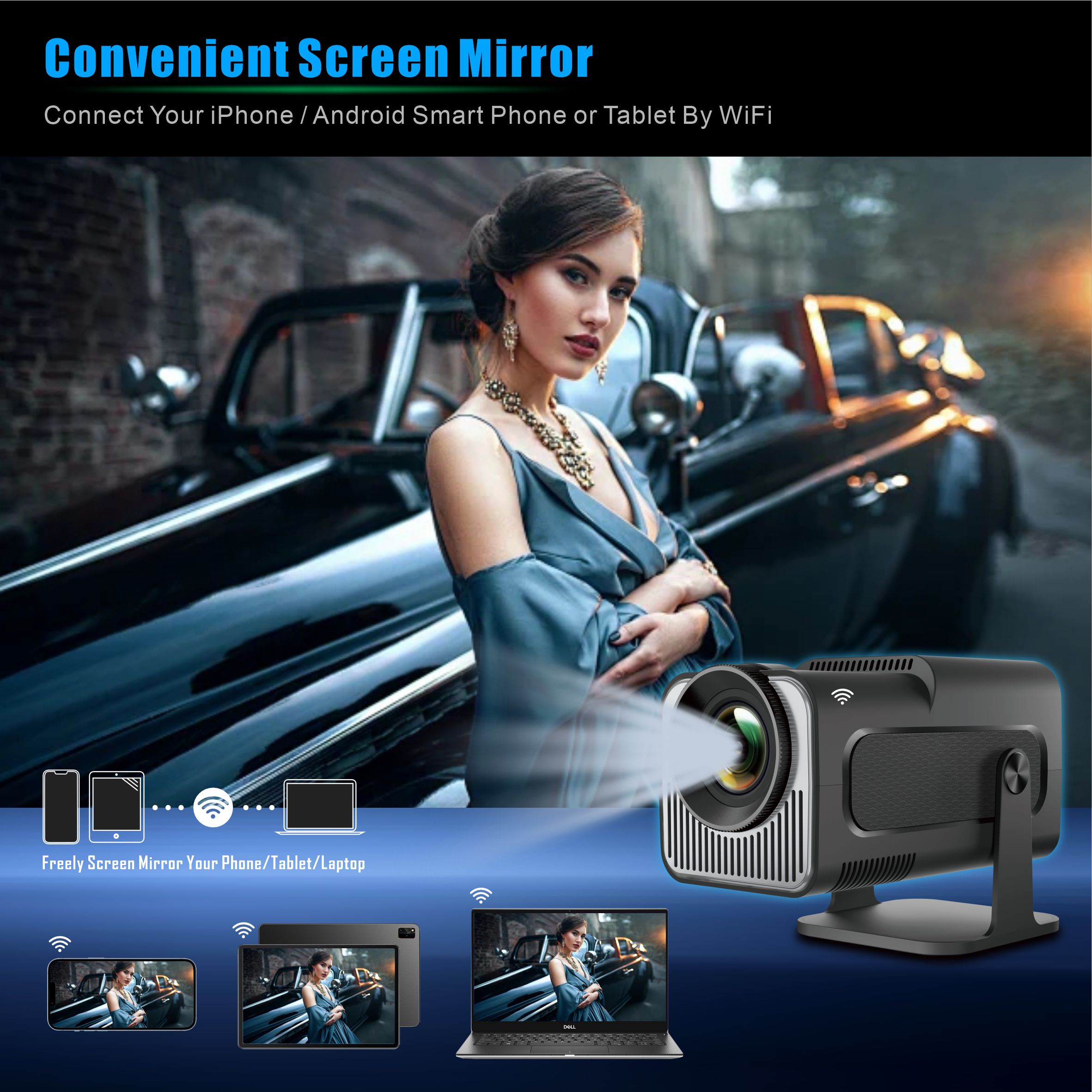 2025 Portable Projector 200 ANSI 1280*720P BT 5.0 Android 11.0 With 2.4/5G WiFi6 8GB Round Design Movie Projector 30"- 150" Screen, 180° Fli