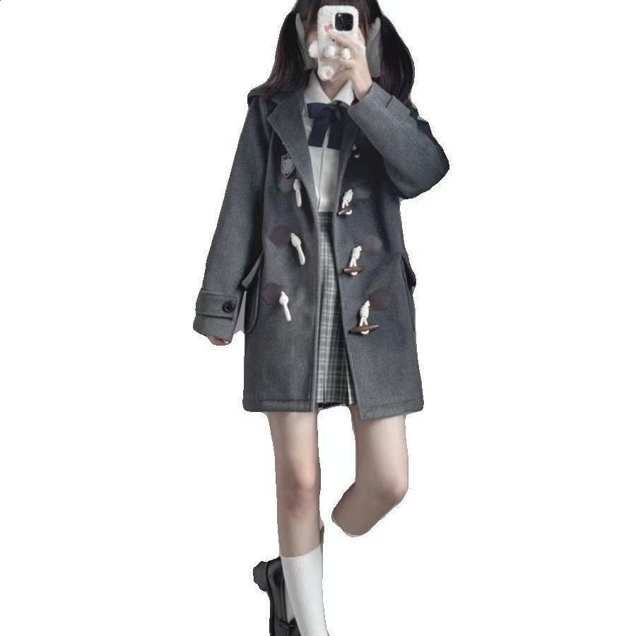 2025 Womens Winter Coat for Petite Figures College Style Korean Version MidLength Horn Button Woolen Coat with Hood 201103