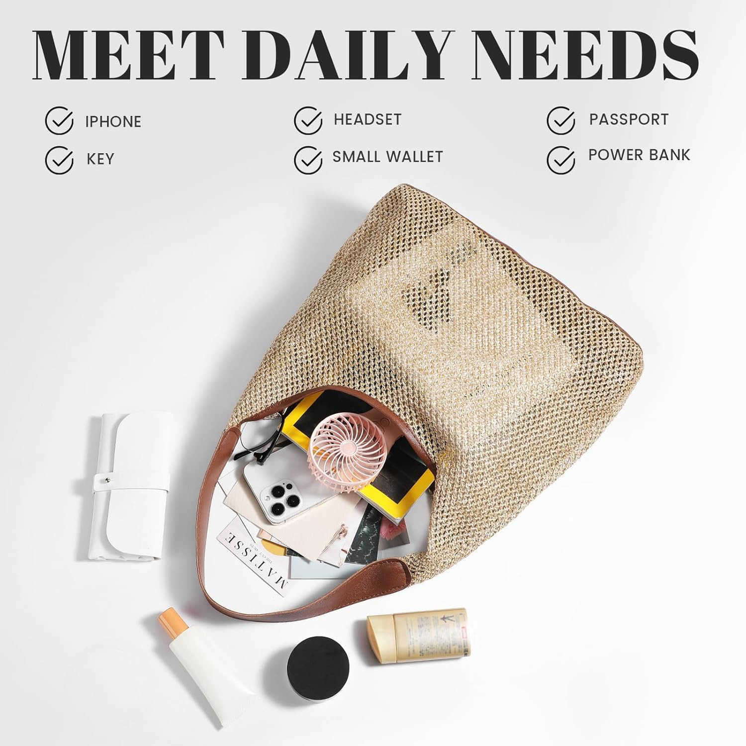 Straw Beach Bags for Women Beach Bags for Women Mesh Tote Bag Leather Hobo Purse with Pouch for Vacation Travel Essentials Z250922