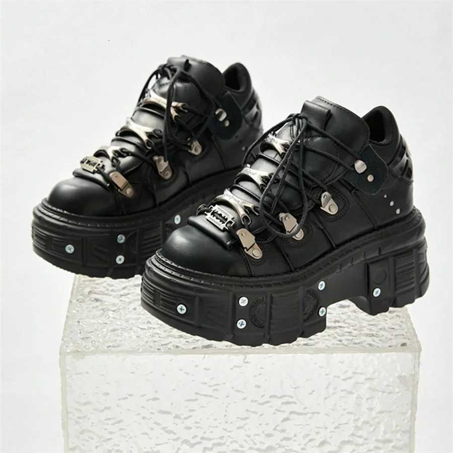 Punk Style Women Black Shoes Rock Metal Decor Laceup Heel Height Platform Shoes Gothic Man Sneakers Women Ankle Boots 2025 New W250922