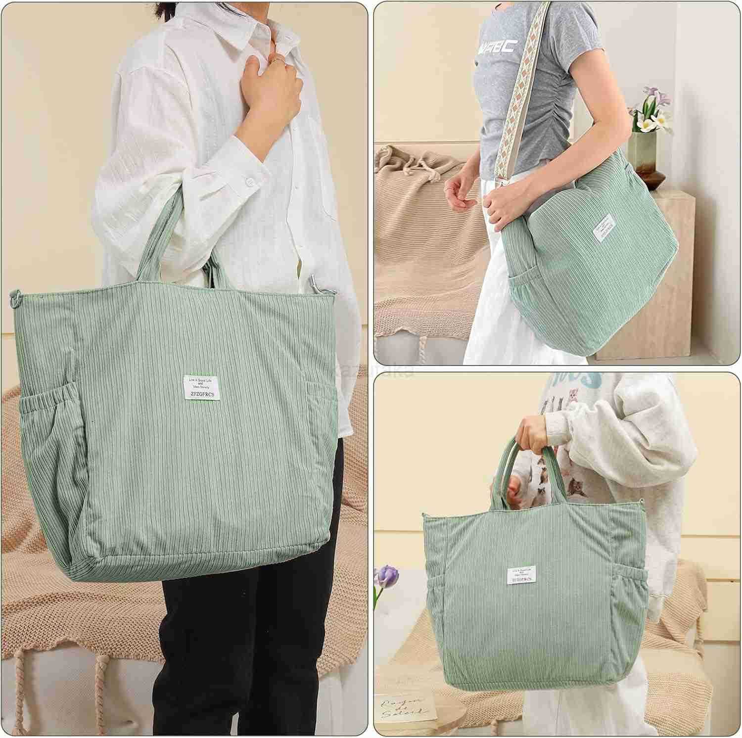 Corduroy Tote Bag for Women Large Tote Bag with Zipper Casual Shoulder Handbags Work Shopping Bag Z250922
