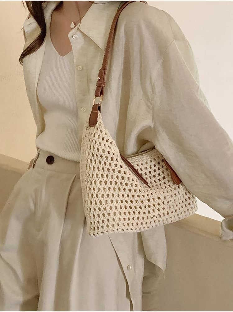 Women Small Cotton Crochet String Bag Handwoven Summer Beach Tote Bag Knitted Vacation Hobo Purse Bohemian Shoulder Handbag Z250922