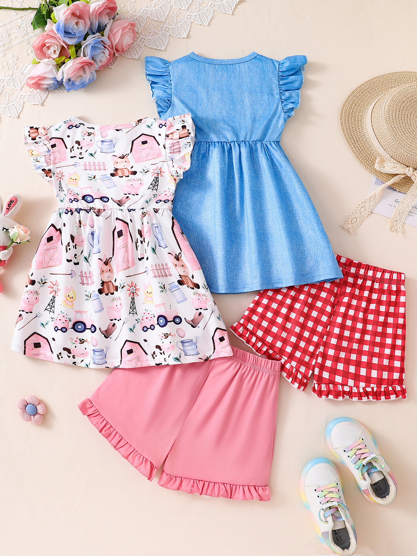 Toddler Girl 2pcs Sets: Farm Animal Print Dress with Ruffle Sleeves & Matching Shorts, Cute Summer Outfits-KJ1X5146A