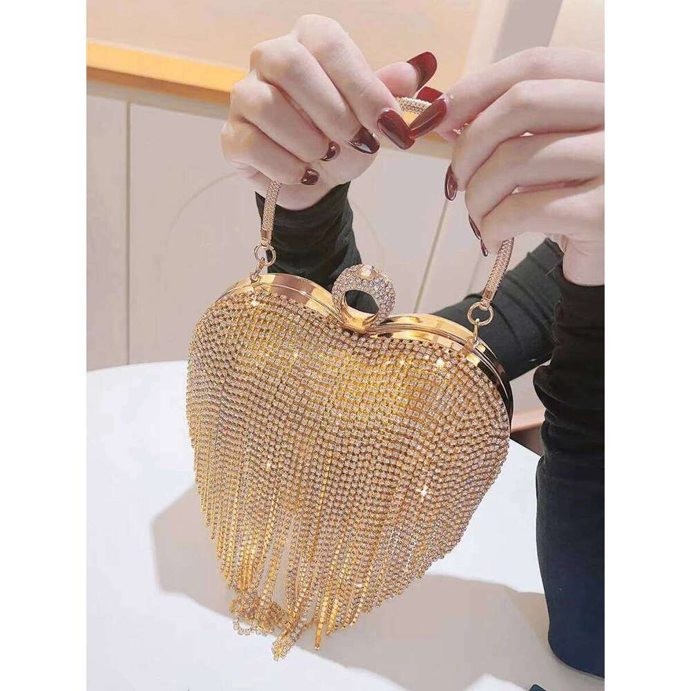 Designer Luxury Rhinestone Clutch Heart Shape Tassel Purse Dia Wedding Party Handbag Sliver Gold Handle Evening Bag