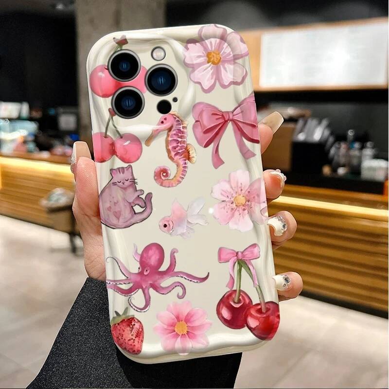 Red Cherry Bow Soft Wave Silicone Phone Case for IPhone 15 14 13 12 11 Pro Max Plus 16E XR XS X 7 8 Shockproof Clear Cover