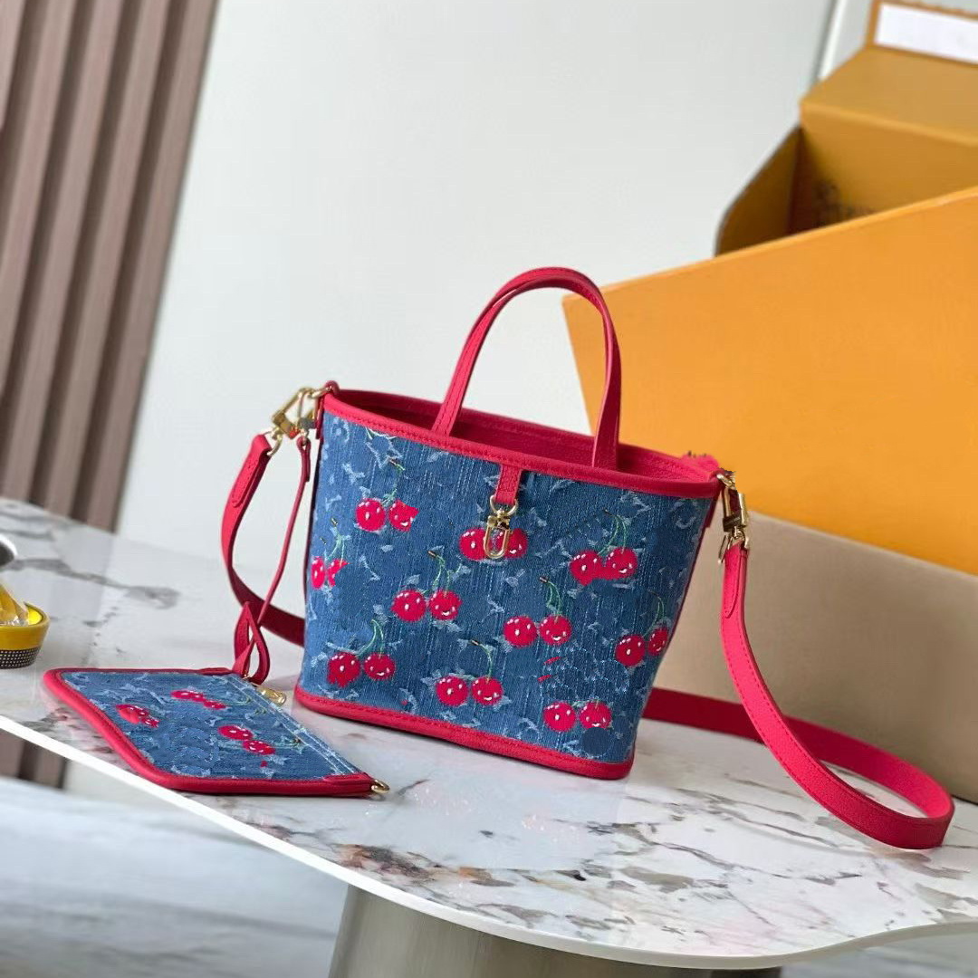 Takashi Murakami Crossbody Desiqner Cherry Rose Speeds Boston Shoulder Bag Pink Denim Letters Print Shopping Travel Bags For Women Real Leather Wallets