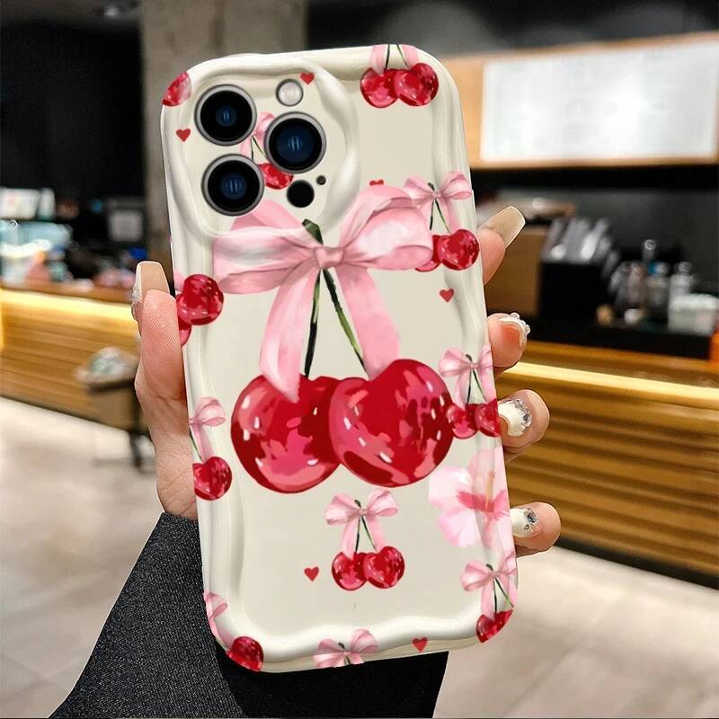 Red Cherry Bow Soft Wave Silicone Phone Case for IPhone 15 14 13 12 11 Pro Max Plus 16E XR XS X 7 8 Shockproof Clear Cover