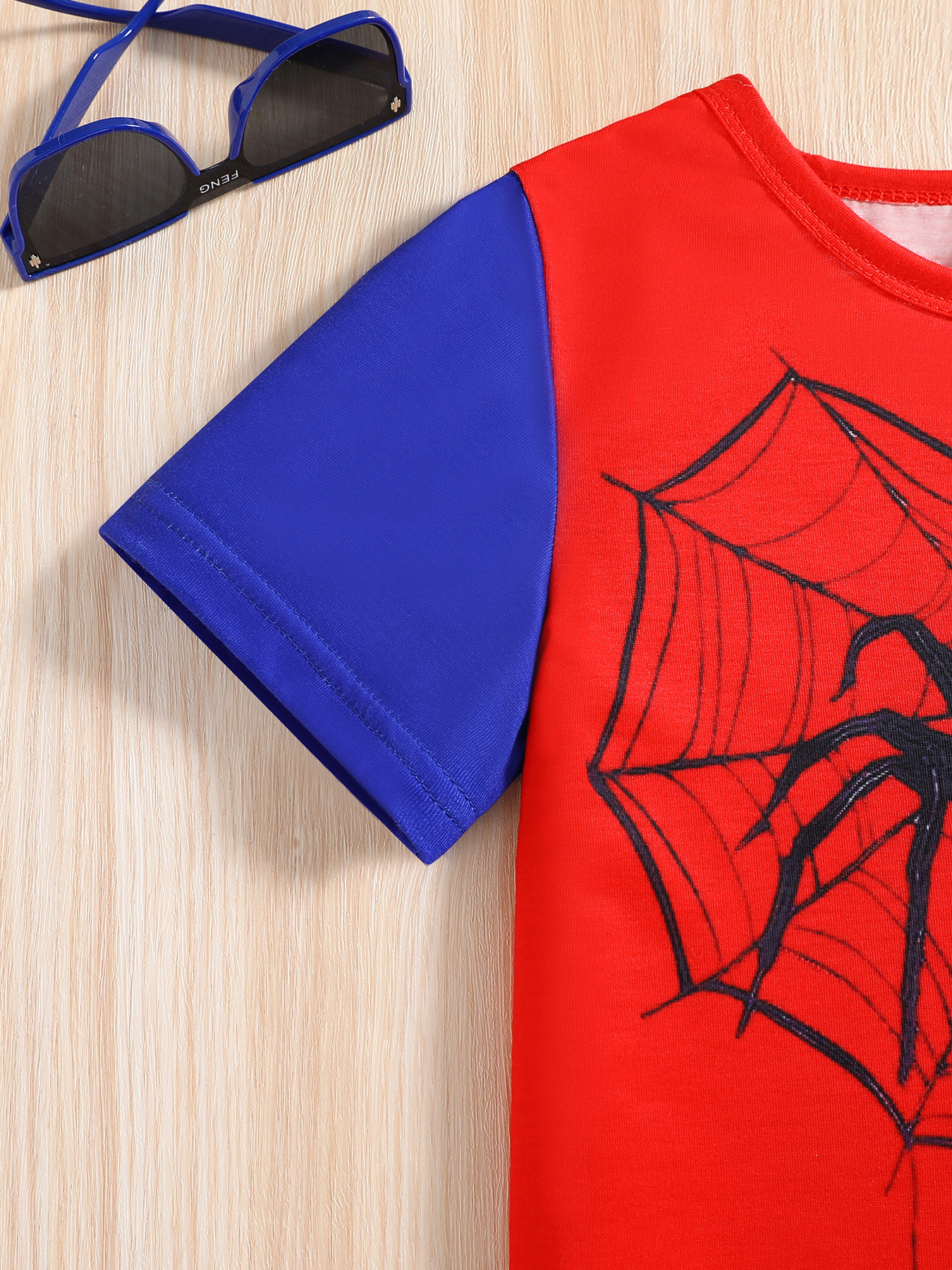 Toddler Boy 2pcs Set: Spider Web Print Color - Block Short - Sleeve Top and Black Shorts, Cool Casual Outfit-KJ2X3739A