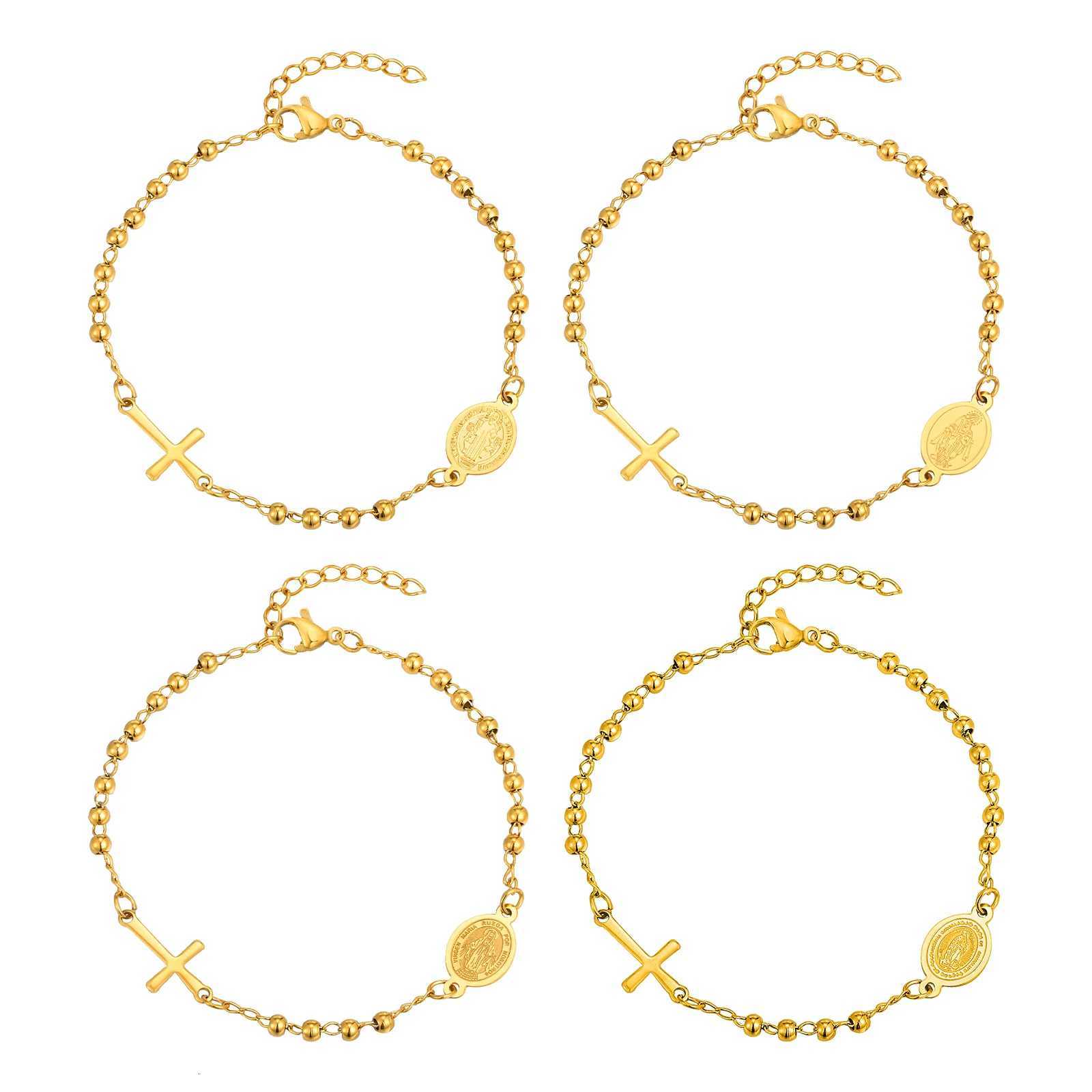 Vnox Stainless Steel Beaded Virgin Mary BraceletCharm Rosary Cross Chain Bracelet For WenReligion Christ Three Color Jewelry X250922