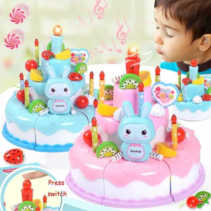 Kids Toy Simulation DIY Birthday Cake Model Kitchen Pretend Play Cutting Cake Toy with Light and Music Blowing Candles Girl Gift C250922