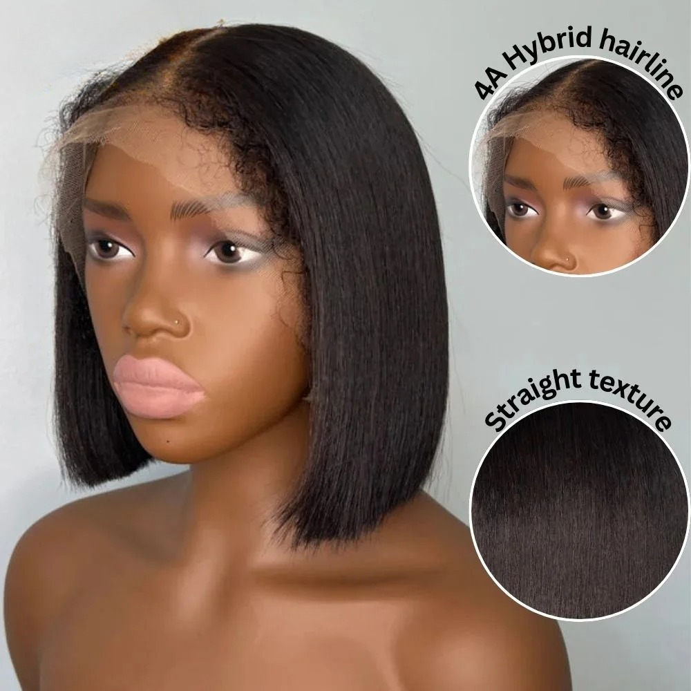 Black Kinky Straight Human Hair Wigs 4c Edges Short Bob Lace Wig Yaki Straight 13x4 13x6 HD Lace Frontal Wig Brazilian Hair Preplucked Ready To Wear f