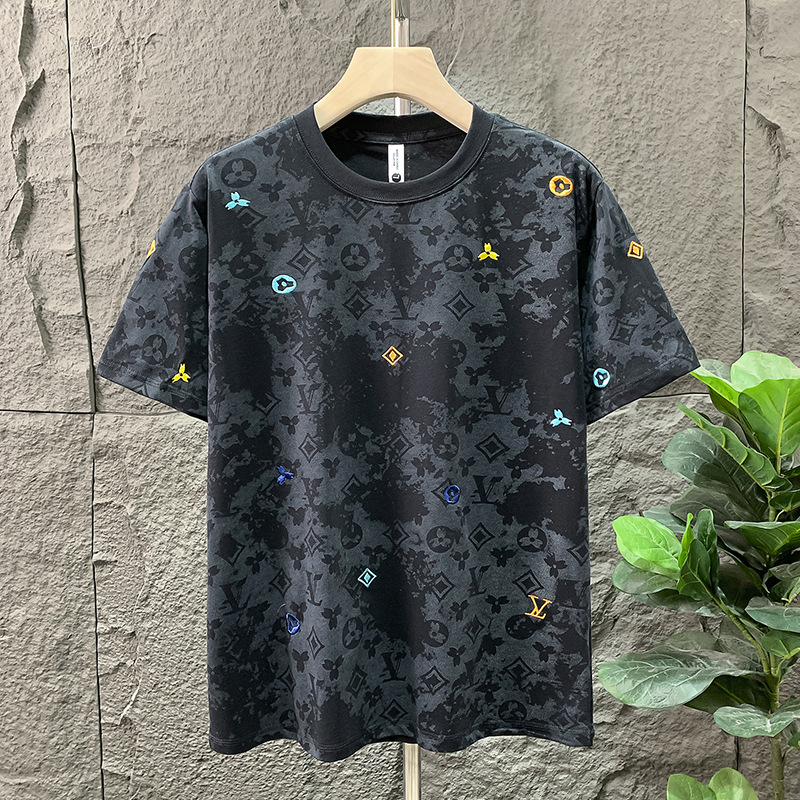 Men's T-shirt High-end Luxurious Design Breathable Black And White Retro Floral Print Summer Short-Sleeved Business Casual Top