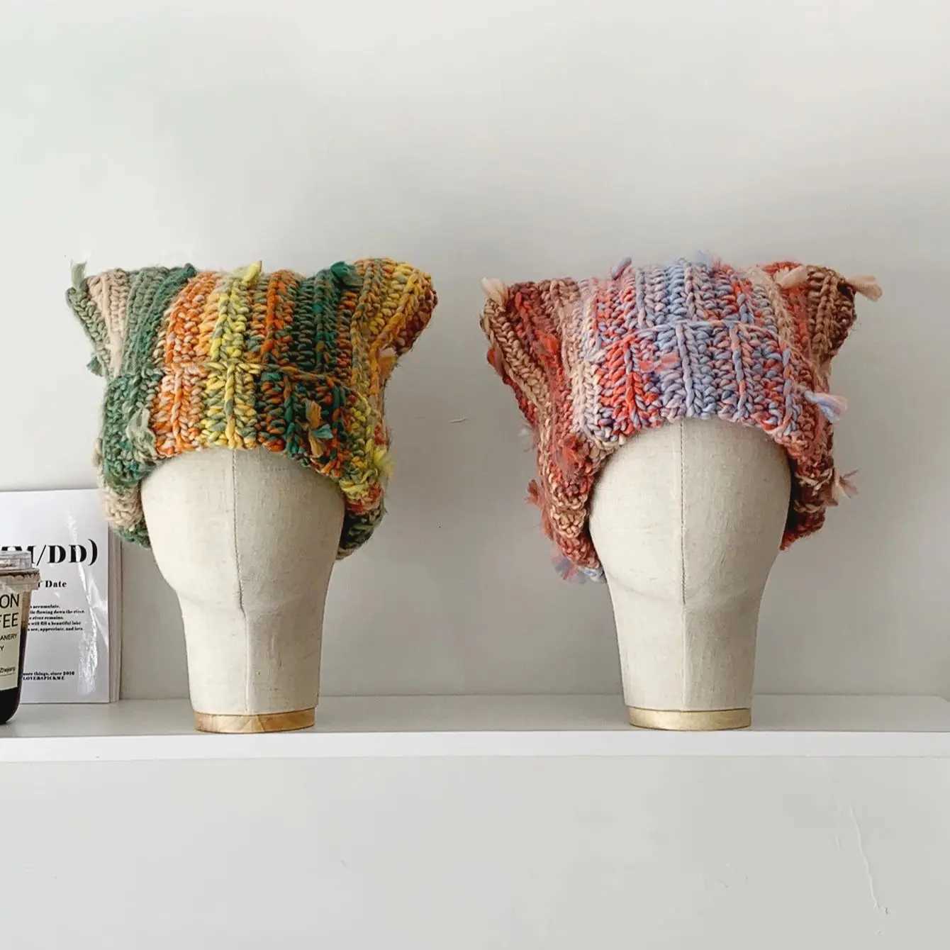 Mixed Color Woolen Hat Knitted Hat Fashionable and Versatile Ear Protection Cold Hat Baotou Hat Contra Color Cat Ear Hat Y250920