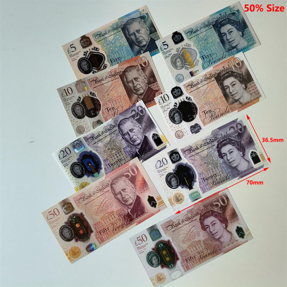 4A Plastic Fake Money UK Party Supplies Movie Prop Money Pounds Banknote 5 10 20 50 AUD CAD Realistic Toy Bar Props Copy Money Nz Currency Faux-billets 70*36.5mm 50% Size