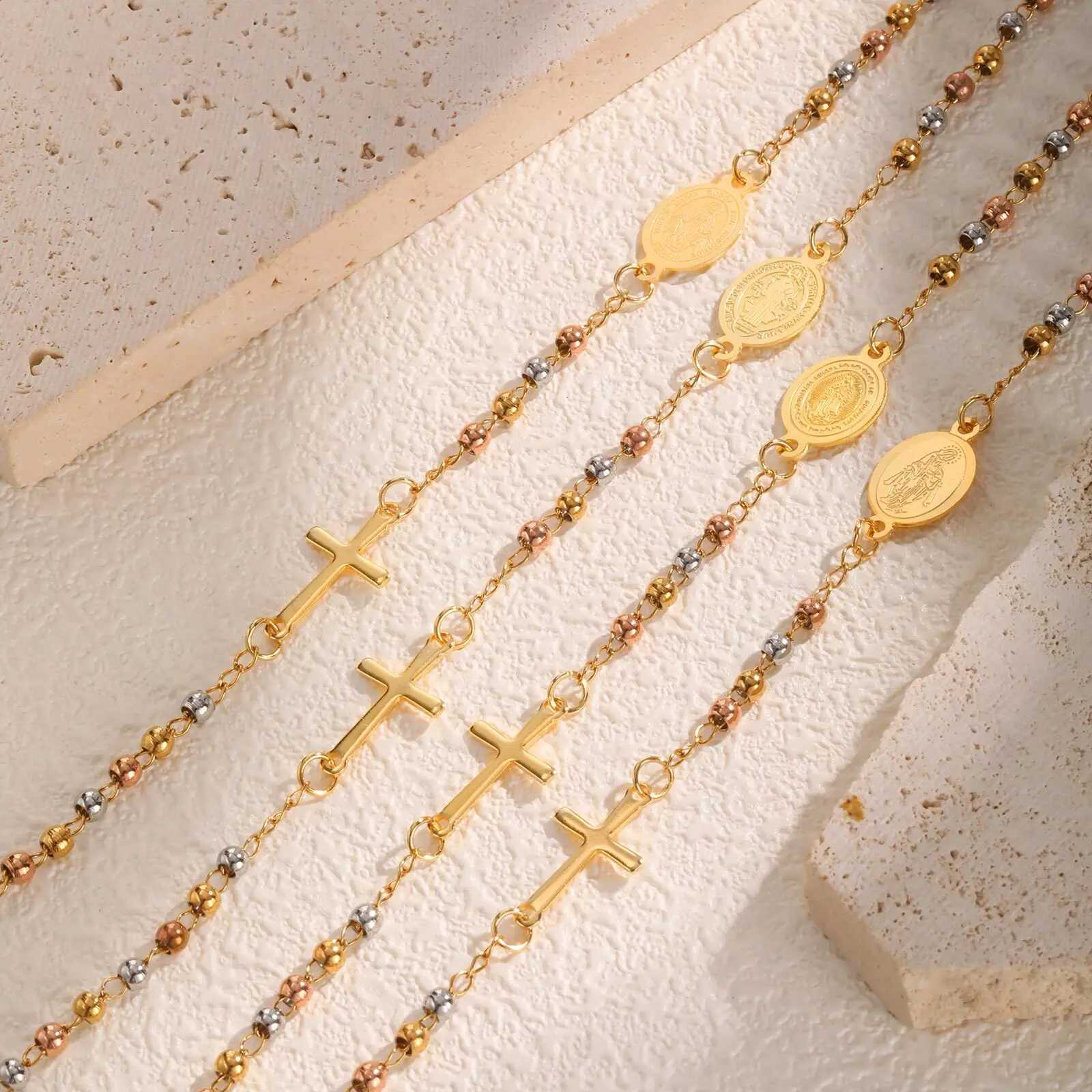 Vnox Stainless Steel Beaded Virgin Mary BraceletCharm Rosary Cross Chain Bracelet For WenReligion Christ Three Color Jewelry X250922