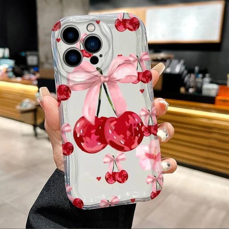 Red Cherry Bow Soft Wave Silicone Phone Case for IPhone 15 14 13 12 11 Pro Max Plus 16E XR XS X 7 8 Shockproof Clear Cover