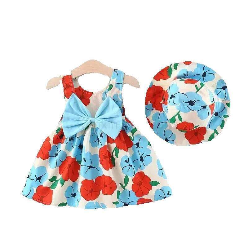 Summer Baby Flower Print Bow Princess Party Dress Hat Girl Outfits Children Clothes Set Toddler Infant Newborn Dress