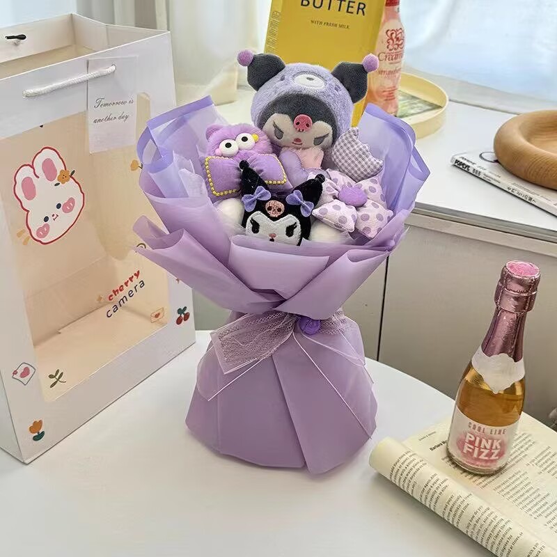 Hello Kitty Kuromi Plush Bouquet Sanrio My Melody Cinnamoroll Stuffed Plush Doll Valentines Day Christmas Birthday Giftsw250526