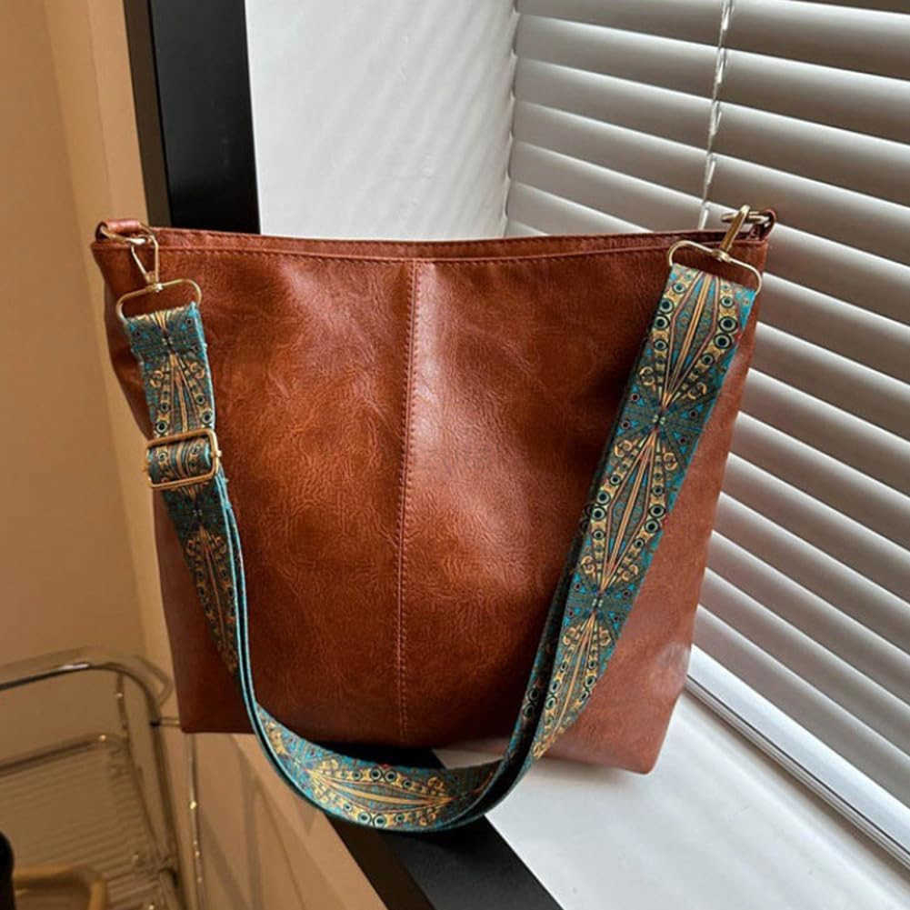 Hobo Crossbody Bag for Women Vegan PU Leather Shoulder Purses Brown Stylish Wide Guitar Strap Tote Bucket Bag with Zipper for Working Shopping Traveli