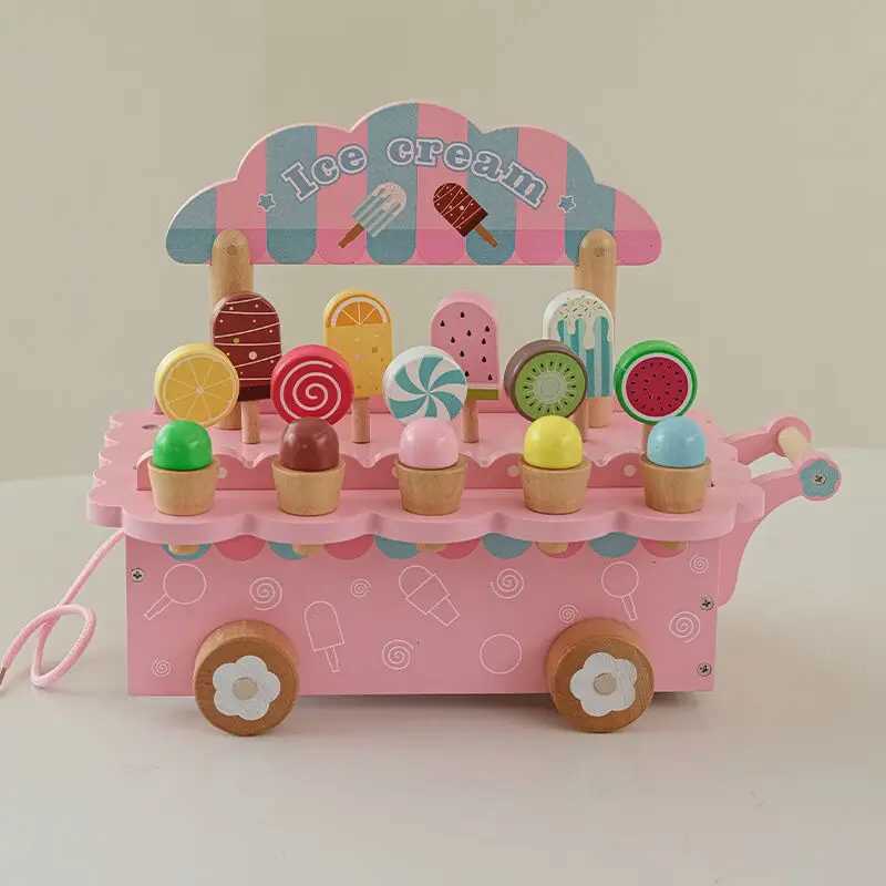 Kids Wooden Ice Cart Toy Set Girls Kitchen Accessories Pretend Play C250922