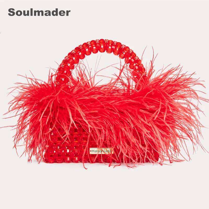 Designer Luxury Pearl Beaded Evening Bag Ostrich Feather Fur Clear Acrylic Crystal Stone Box Tote Handbag Women Handmade Party Purse