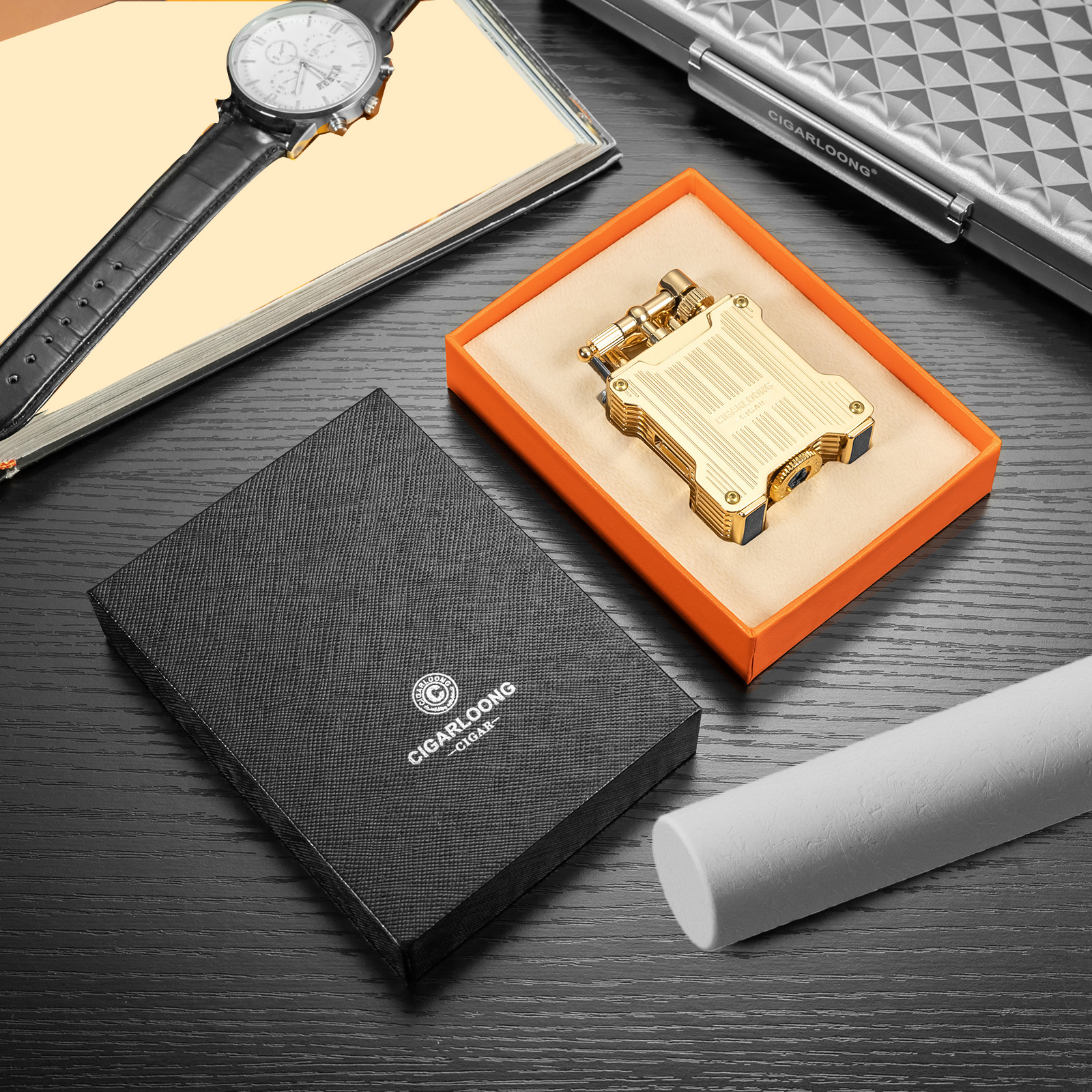 CIGARLOONG Cigar Straight Dual Flame Visible Fuel Perspective Window Adjustable Firepower Torch Lighter with Gift BoxWithout Gas W260202