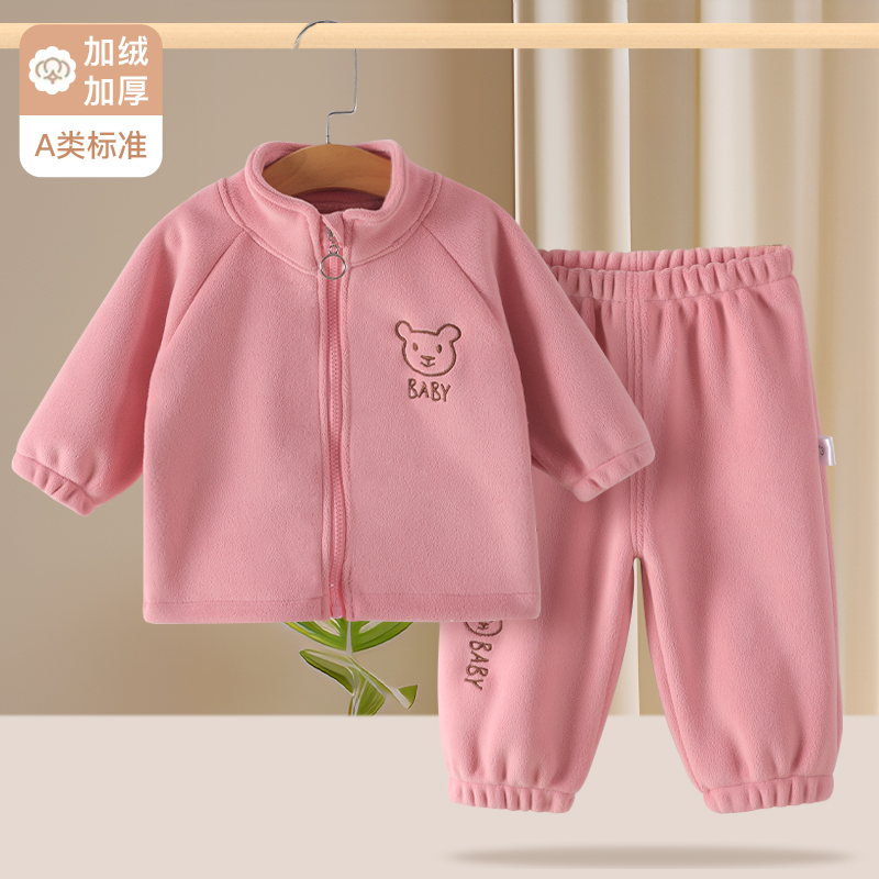 Double sided Orly fleece set for infants and young children, autumn and winter thick warm children's clothing two-piece set