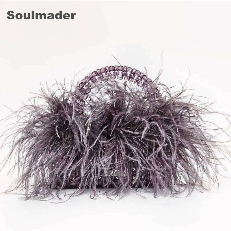 Designer Luxury Pearl Beaded Evening Bag Ostrich Feather Fur Clear Acrylic Crystal Stone Box Tote Handbag Women Handmade Party Purse